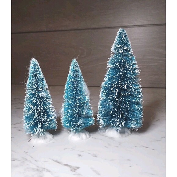 Vintage White/Green Wire Bottle Brush Trees Set 5 Christmas Wood/Plastic Bases - Picture 3 of 7